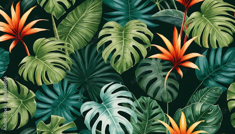 Seamless tropical foliage pattern featuring monstera leaves and exotic orange flowers on a deep black background. Seamless tropical foliage pattern featuring monstera leaves and exotic orange flowers on a deep black background.