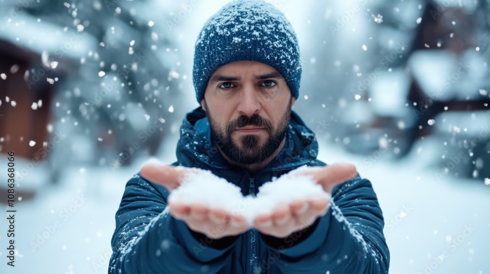 A Man Enjoying a Snowy Day in a Winter Wonderland, Holding Fresh Snow in His Hands, Surrounded by Falling Snowflakes and Pine Trees A Man Enjoying a Snowy Day in a Winter Wonderland, Holding Fresh Snow in His Hands, Surrounded by Falling Snowflakes and Pine Trees