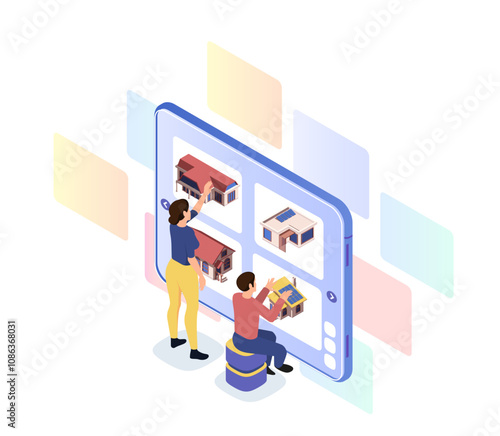 People choose house. Man and woman choose real estate and private property. Online deals with home and apartment. Investing and trading. Isometric vector illustration isolated on white background