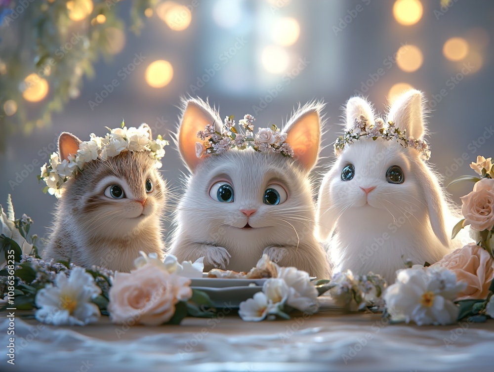 Fototapeta premium Adorable Cartoon Animals with Flower Crowns at a Festive Gathering