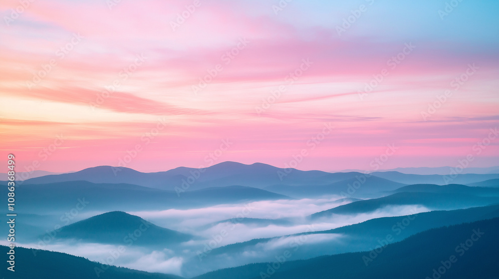 Early morning sky in pastel pink and light blue tones over the mountains, soft fog in the air, the light of the rising sun Early morning sky in pastel pink and light blue tones over the mountains, soft fog in the air, the light of the rising sun