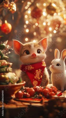 Adorable Kitten and Bunny Celebrate Lunar New Year