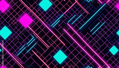 Abstract neon background featuring a digital grid glowing lines and diamond shapes in vibrant pink and blue