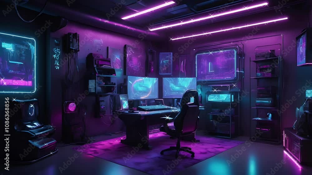 PC gaming room in cyberpunk style. Seamless 4K looping timelapse video animation background