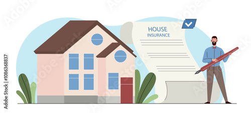 Man with house insurance. Young guy with pen near digital contract and document. Deals and agreements with real estate and private property. Flat vector illustration isolated on white background