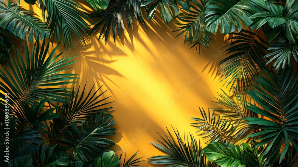 Lush green foliage framing a vibrant yellow background, creating a tropical ambiance. Lush green foliage framing a vibrant yellow background, creating a tropical ambiance.