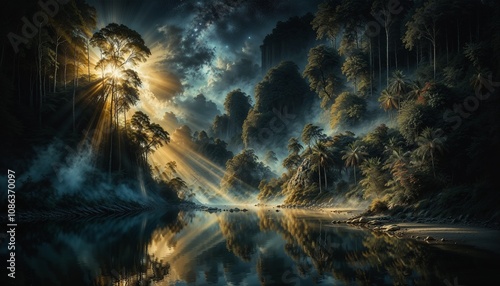 AI generated illustration of a beautiful view in the interior of a rainforest with light reflexes and the glow of the evening sun.