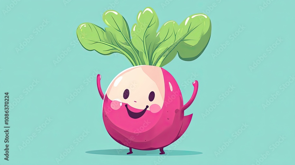 A Cartoon Radish with a Happy Face and Green Leaves A Cartoon Radish with a Happy Face and Green Leaves
