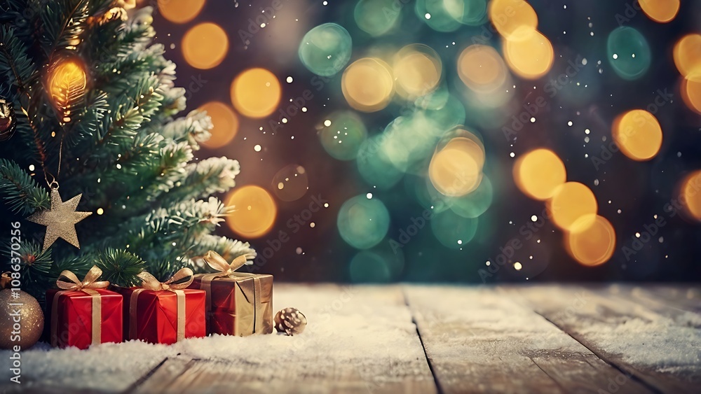 Christmas background and Christmas tree and sparkling bokeh lights in winter, merry christmas card holiday Happy New Year, space for text Christmas background and Christmas tree and sparkling bokeh lights in winter, merry christmas card holiday Happy New Year, space for text