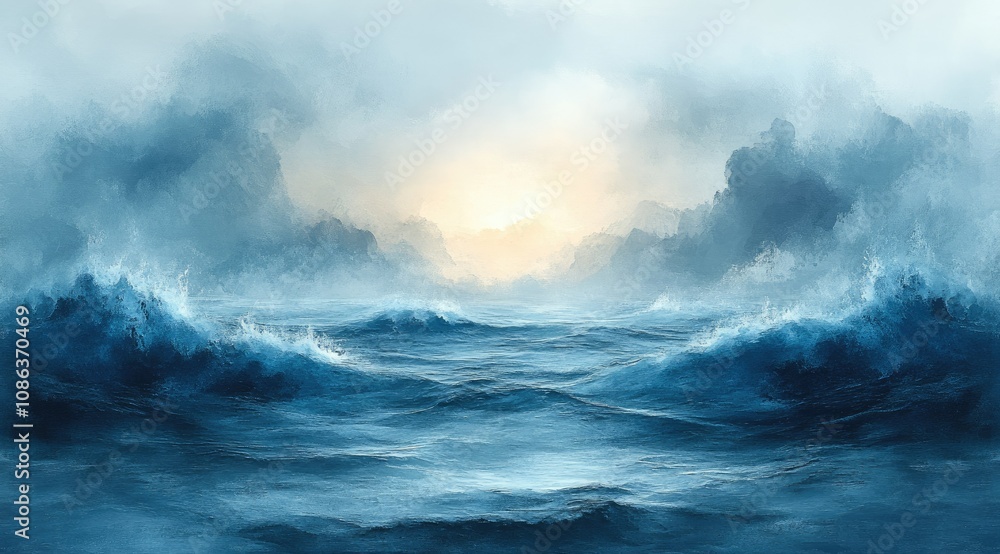 Dramatic ocean waves crash against misty, mountainous shores at sunset. Dramatic ocean waves crash against misty, mountainous shores at sunset.