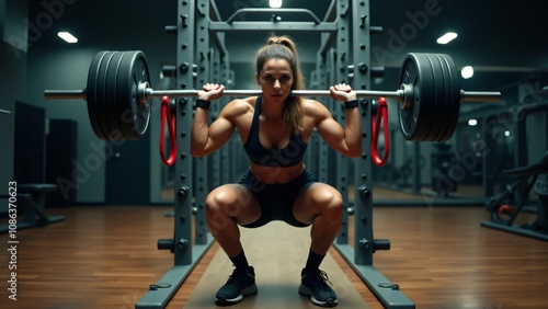 Determined woman lifting a heavy barbell in a squat position within a power rack. Perfect for strength training, fitness motivation, and advanced workout routines. Ideal for athletic and weightlifting photo