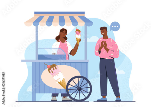 Ice cream stand. Man buying frozen dessert and delicacy. Stall with gelato. Street food for summer season. Buyer and seller. Flat vector illustration isolated on white background