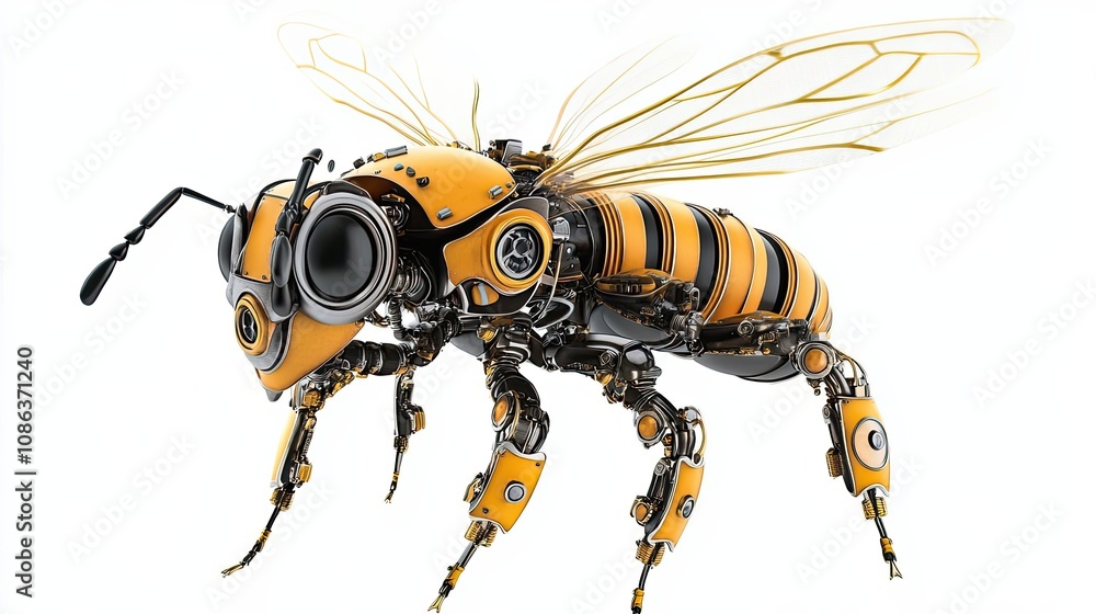 A Mechanical Bee with Yellow and Black Stripes and Transparent Wings A Mechanical Bee with Yellow and Black Stripes and Transparent Wings