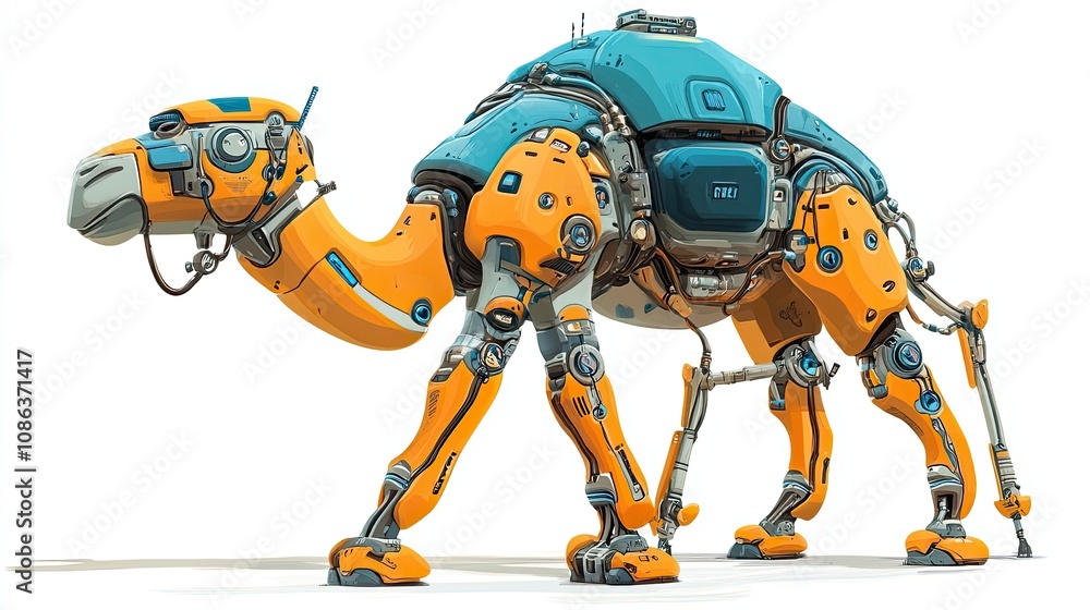 A futuristic robotic camel with an orange and blue exterior A futuristic robotic camel with an orange and blue exterior