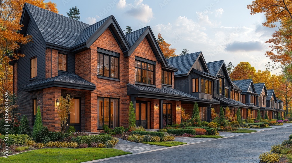 Modern homes lined along a picturesque street in autumn. Modern homes lined along a picturesque street in autumn.
