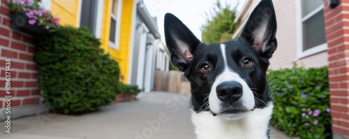 A close-up of a black and white dog with a curious expression in a colorful outdoor setting. photo