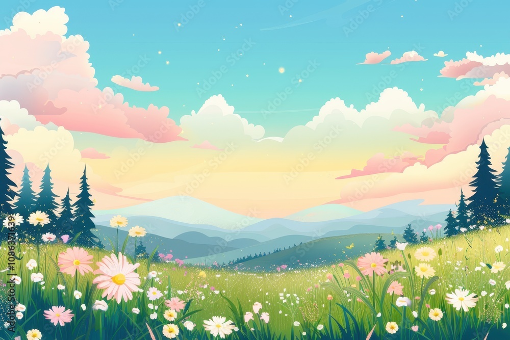 Fototapeta premium Colorful Landscape with Blooming Wildflowers and Rolling Hills