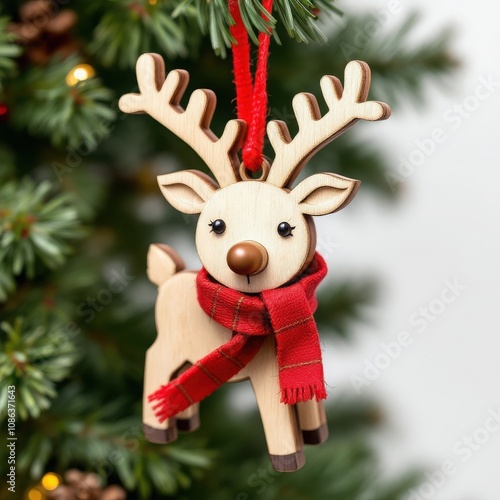 Wooden Reindeer Ornament with Scarf  
