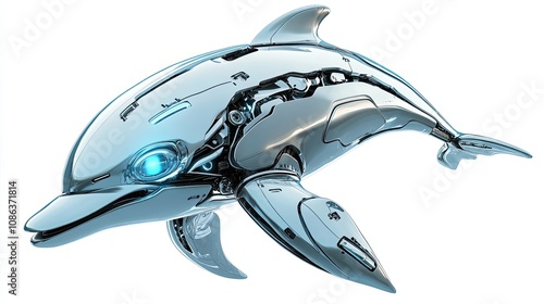 A chrome-plated robotic dolphin with visible gears and lights photo