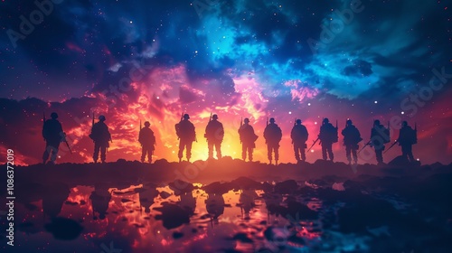 Military action scene cosmic environment digital art sci-fi concept dynamic viewpoint intriguing imagery for engagement