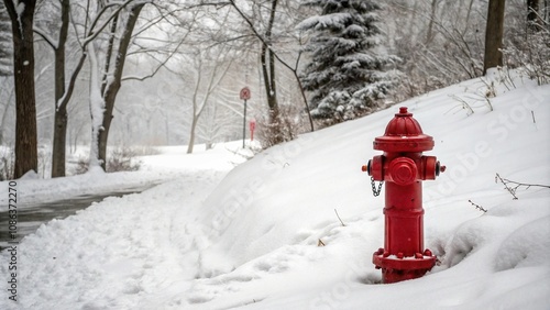 A bright red fire hydrant stands out against a snowy-white backdrop adding a pop of color to the otherwise monochromatic scene, frosty landscape, snow-covered ground photo