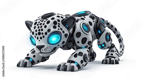 A Robotic Leopard with White and Black Spots and Blue Glowing Eyes