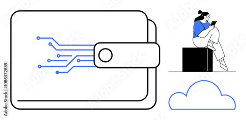Digital wallet with electronic circuit design, woman sitting on a block using a tablet, and cloud symbol. Ideal for digital transactions, online banking, fintech, personal finance, cloud storage