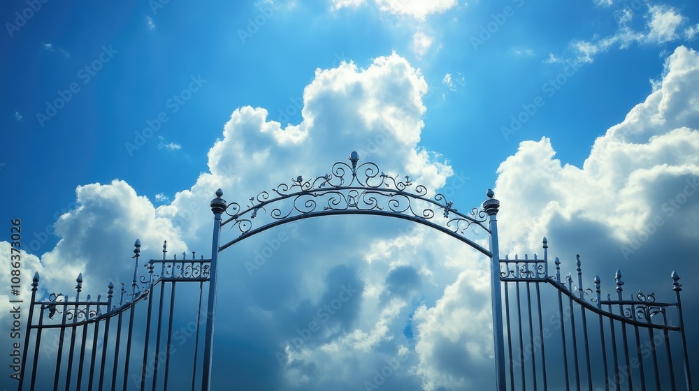 Fototapeta premium Ornate Metal Gate Opens To A Bright Cloudy Sky