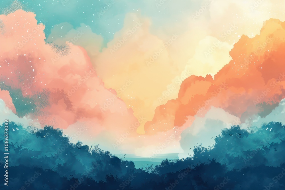 Watercolor Landscape with Blue Trees and Sunset Sky Watercolor Landscape with Blue Trees and Sunset Sky