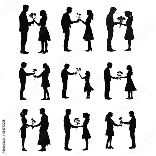 a boy proposing to a girl with flowers in hand ‍silhouette