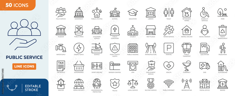 Public service editable icon set. Containing community center, public park, city hall, government, policy, community, interest, volunteer, electricity, and more. Editable stroke. Vector illustration Public service editable icon set. Containing community center, public park, city hall, government, policy, community, interest, volunteer, electricity, and more. Editable stroke. Vector illustration