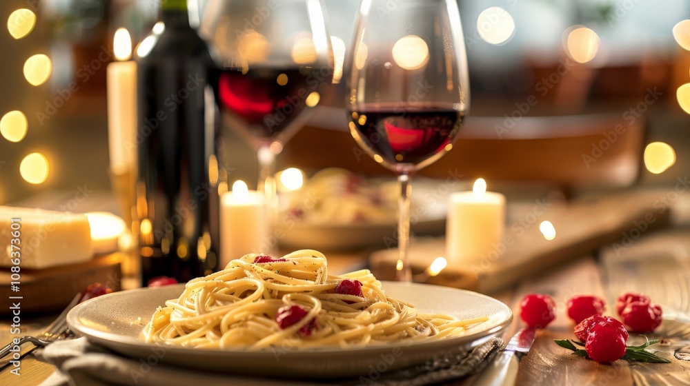 Naklejka premium Romantic dinner setting with pasta, red wine, and candles