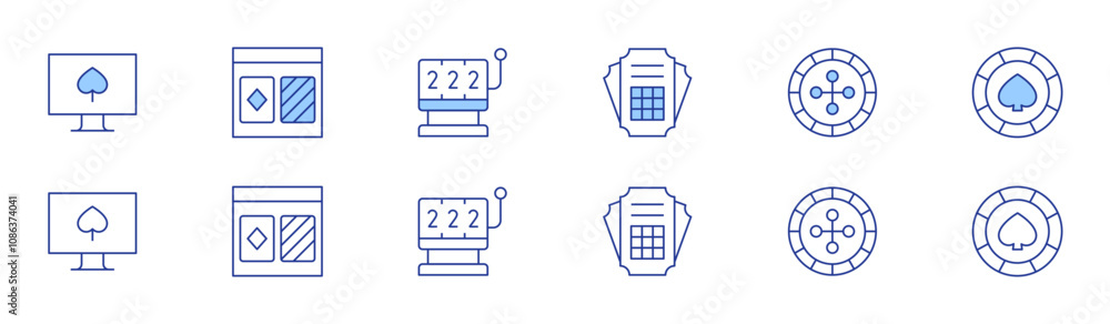 Betting icon set in two styles, Duotone and Thin Line style. Editable stroke. online casino, poker, ticket, slot, roulette, poker chip Betting icon set in two styles, Duotone and Thin Line style. Editable stroke. online casino, poker, ticket, slot, roulette, poker chip
