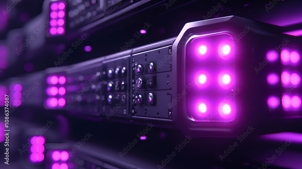 Futuristic Server Rack with Neon Purple Lights in a Modern Data Center Futuristic Server Rack with Neon Purple Lights in a Modern Data Center