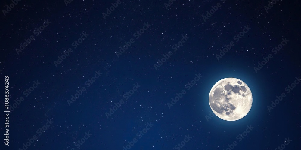 Obraz premium A majestic starry sky with a large moon in the foreground, surrounded by a halo of soft light, celestial body, universe