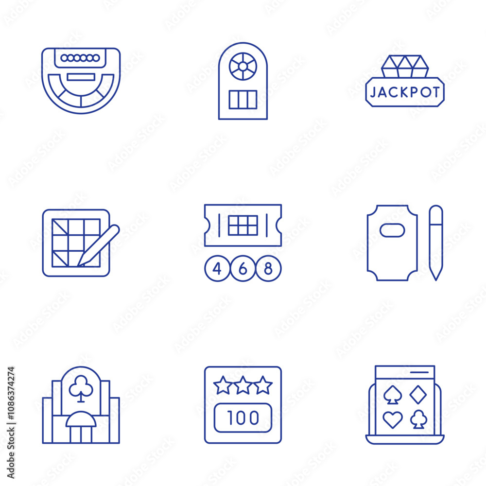 Betting icons set. Thin Line style, editable stroke. baccarat, bet, bingo, casino, jackpot, lottery, lotto, lucky draw, online gambling Betting icons set. Thin Line style, editable stroke. baccarat, bet, bingo, casino, jackpot, lottery, lotto, lucky draw, online gambling