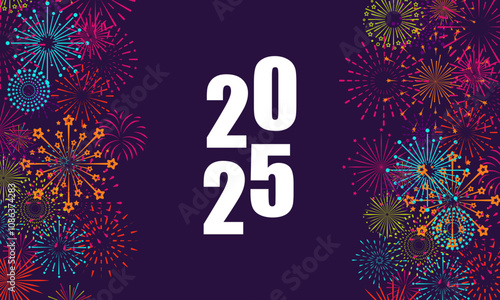 Colorful fireworks 2025 New Year background and text Happy New Year design in the night sky. Simple pattern design template. vector design.