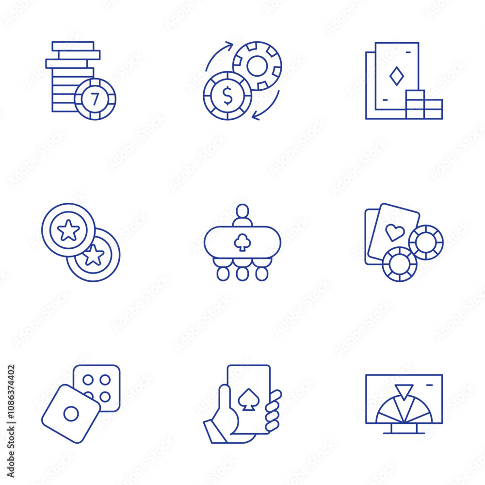 Betting icons set. Thin Line style, editable stroke. chips, dice, exchange, poker, tokens, tv, players Betting icons set. Thin Line style, editable stroke. chips, dice, exchange, poker, tokens, tv, players