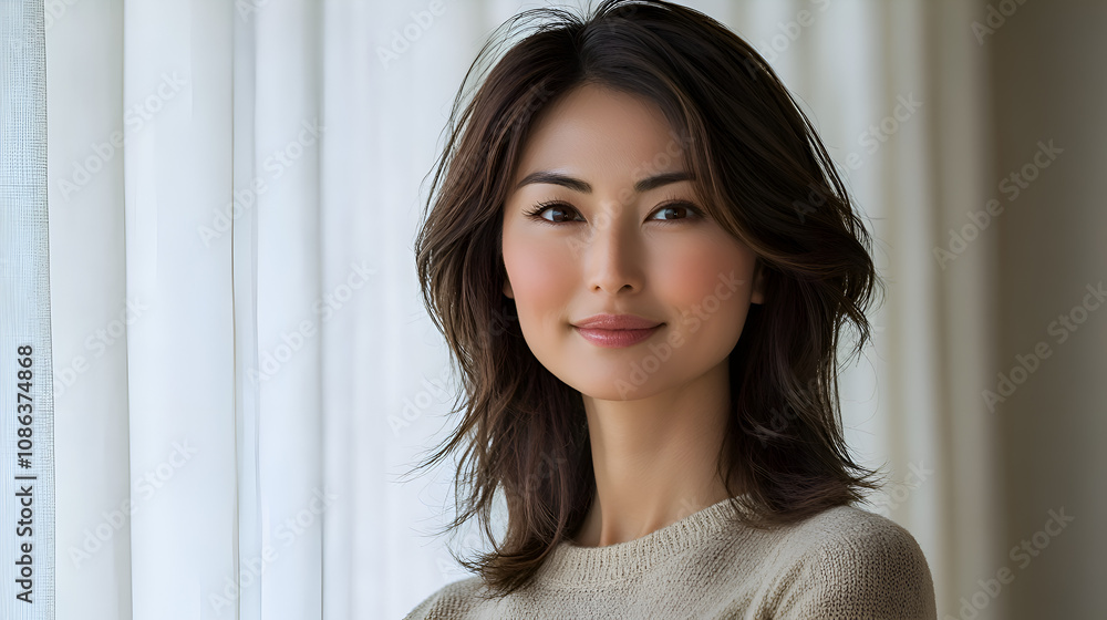Elegant Indoor Portrait of a Confident Asian Woman Smiling in Natural Light Elegant Indoor Portrait of a Confident Asian Woman Smiling in Natural Light