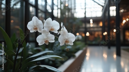 Orchids grown in a greenhouse show off their vibrant colors and lush foliage in a perfectly controlled environment. photo