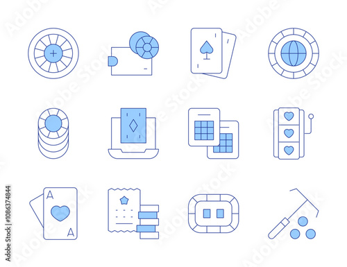 Betting icons. Line Duotone style, editable stroke. poker chips, token, wallet, poker table, poker, bingo, lottery, roulette, slot machine, online casino, ace of hearts, rake