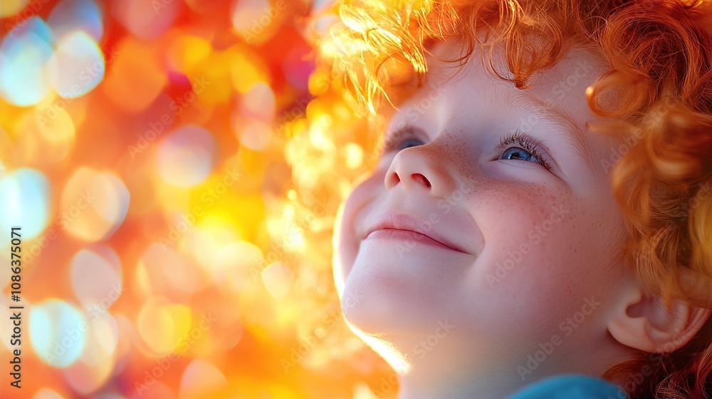 A joyful child with curly hair gazes upward, surrounded by colorful bokeh lights. A joyful child with curly hair gazes upward, surrounded by colorful bokeh lights.
