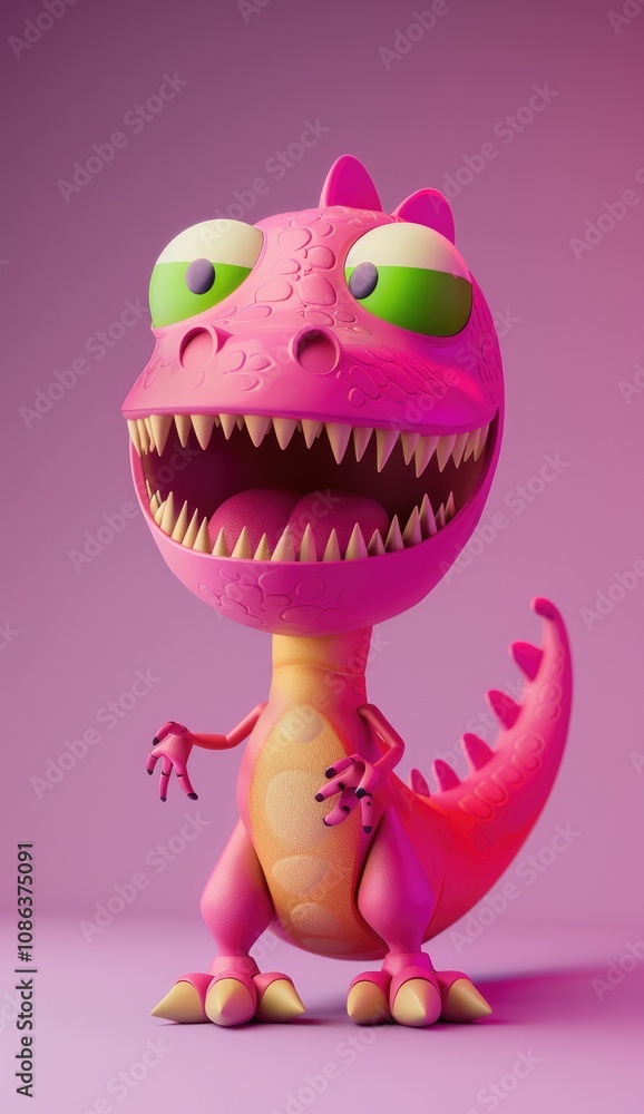 Fototapeta premium Pink Cartoon Dinosaur with Big Teeth