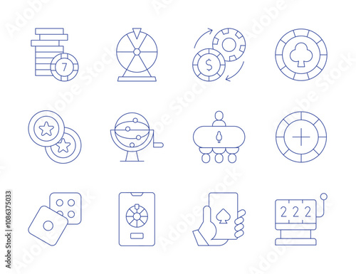 Betting icons. Thin Line style, editable stroke. chips, dice, exchange, lottery, lotto, online lottery, poker, poker chip, roulette, slot, tokens, players