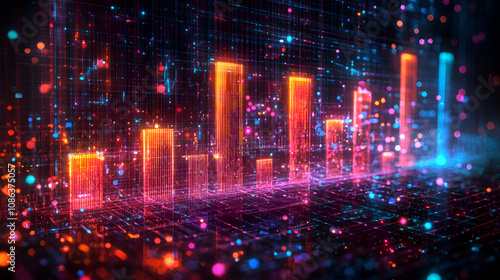 Vibrant Data Visualization with Glowing Charts and Colorful Bars in a Futuristic Design