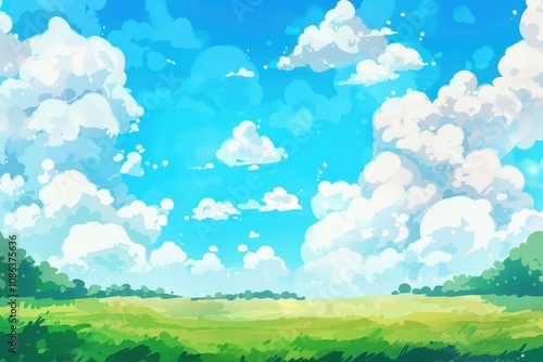 Lush Green Meadow Under a Bright Blue Sky with Puffy White Clouds