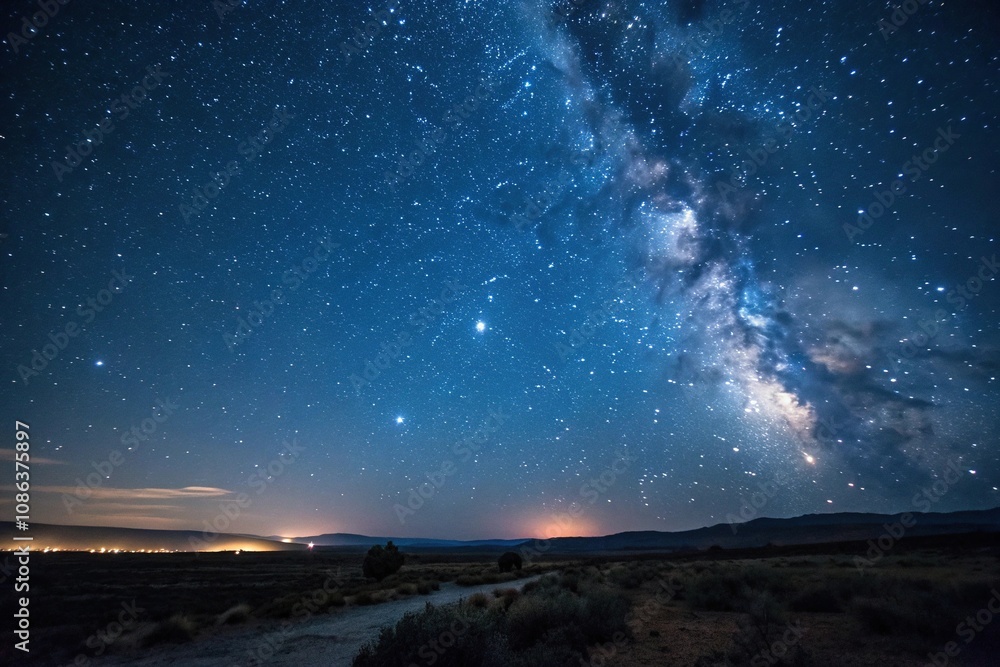 A vast expanse of twinkling stars in a dark blue night sky with a distant galaxy visible as a faint glow, cosmic, shine, stellar A vast expanse of twinkling stars in a dark blue night sky with a distant galaxy visible as a faint glow, cosmic, shine, stellar