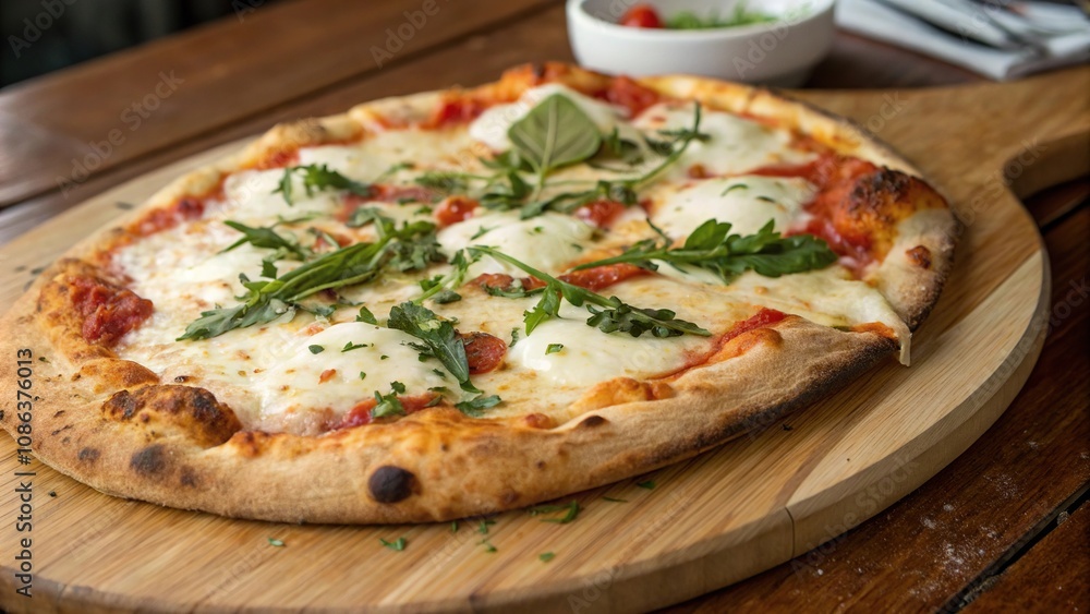 A warm and inviting pizza with a crispy crust and gooey melted mozzarella cheese served on a wooden cutting board with fresh herbs, cozy, pizza, rustic A warm and inviting pizza with a crispy crust and gooey melted mozzarella cheese served on a wooden cutting board with fresh herbs, cozy, pizza, rustic