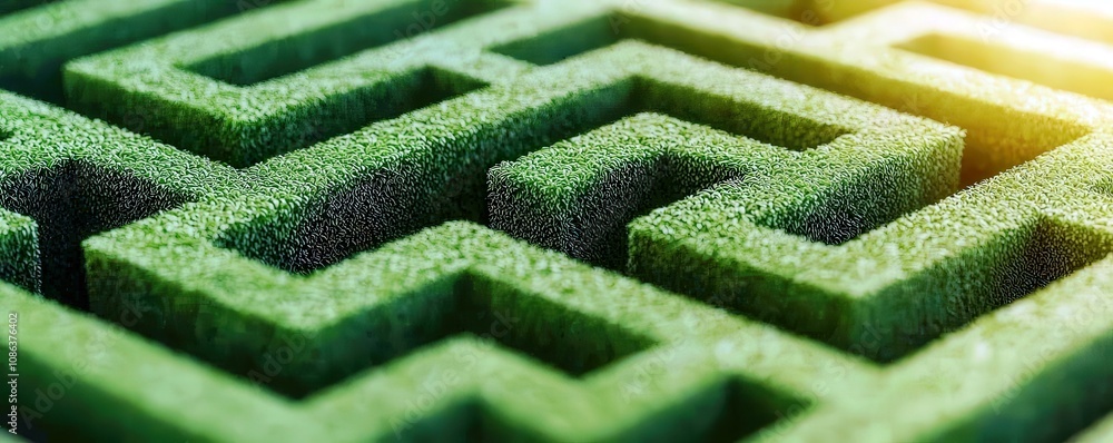 Intricate Green Maze Design Surrounded by Lush Grass with Bright Sunlight Casting Shadows, Representing Challenges and Nature's Beauty in a Unique Perspective Intricate Green Maze Design Surrounded by Lush Grass with Bright Sunlight Casting Shadows, Representing Challenges and Nature's Beauty in a Unique Perspective