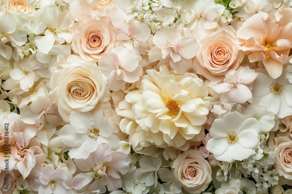 A close-up of a beautiful floral arrangement with roses and hydrangeas. A close-up of a beautiful floral arrangement with roses and hydrangeas.